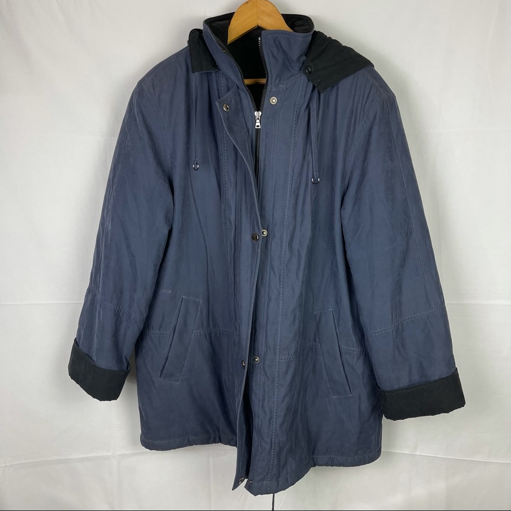 EUC Fleet Street Blue Suede Textured Long Line Hooded Jacket